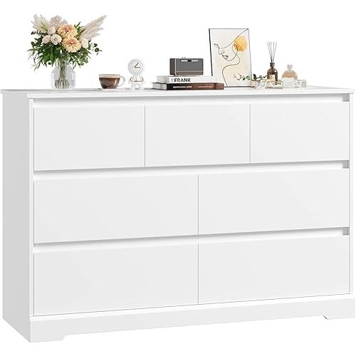 Dresser for Bedroom, Modern White Dresser, Wood Chest of Drawers Nursery Dresser with Storage, 7 Drawer Double Dresser with Handle Free, Large Storage Dresser Organizer for Living Room,White