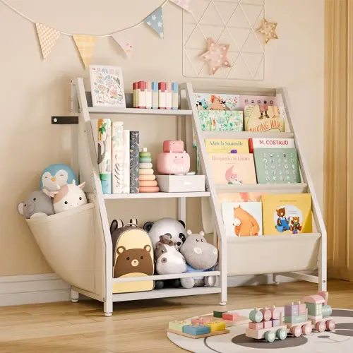 Kids Bookshelf and Toy Organizer, 3 Tier Bookshelf for Kids, Montessori Bookcase Book Shelf for Kids Rooms, Bedroom, Playroom, Nursery, Toy Storage Organizer with Bookshelf (White)