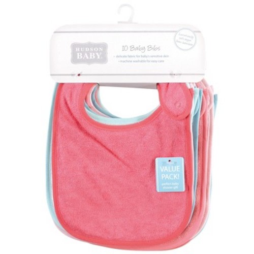 Hudson Baby Infant Girl Rayon from Bamboo Terry Bibs, Coral Mint, One Size