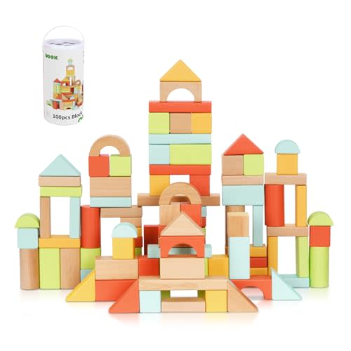 OOOK 100pcs Building Blocks for Toddlers 1-3, Wooden Blocks for Kids with Storage Bucket and Shape Sorter Lid, Montessori Toys for 1 2 3 Year Old, Learning Toys for Preschool Girls and Boys