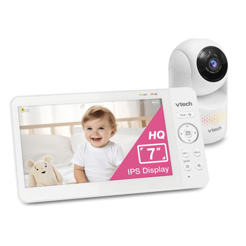 VTech Baby Monitor No WiFi, 7" IPS Screen, 5000mAh 12Hr Battery, 360° PTZ, 4X Zoom, Night Vision, Night Light, 2-Way Talk, White | Advanced HQ Max