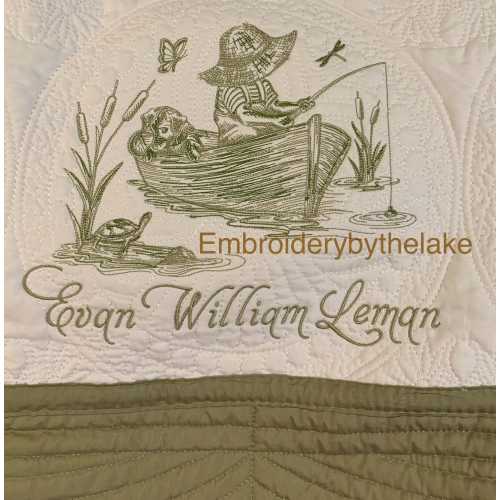 Embroidered Fishing Baby Quilt: Personalized Nursery Blanket