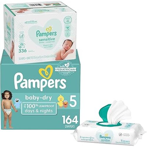 Diapers Size 5, 164 Count and Baby Wipes - Pampers Baby Dry Disposable Baby Diapers, ONE MONTH SUPPLY with Baby Wipes Sensitive 6X Pop-Top Packs, 336 Count (Packaging May Vary)
