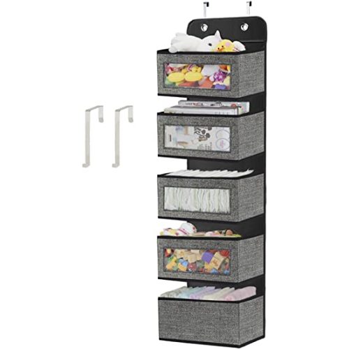 homyfort Over The Door Hanging Organizer with 5 Big Pocket,Wall Mount Storage with Clear Windows and 2 Widened Metal Hooks for Pantry,Baby,Nursery,Bathroom,kitchen,Closet,Diapers,Dorm (Black) - Linen-like Black