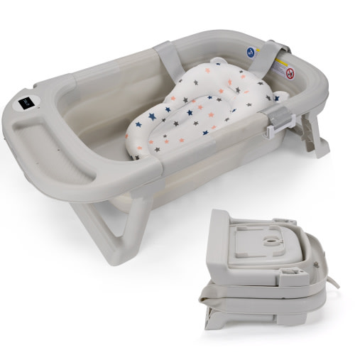 Collapsible Baby Bathtub with Thermometer, Newborn Baby Shower Tub + Baby Tub Cushion , Portable Baby Folding Bathtub for 0-36 Month Newborn