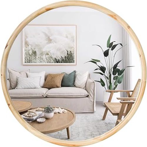 sawsile Natural Wood Mirror 24" Decorative Rustic Large Circle Mirror Round Farmhouse Mirror for Living Room, Fireplace,Hallway,Farmhouse