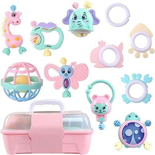 Rattles for Infants Teething Toys for Babies 3-6-12 Months Developmental Baby Early Education Toys Newborn Silicone Puzzle Teether Toy Baby Girl Toy Giraffe Elephant Toys (11-Pack)