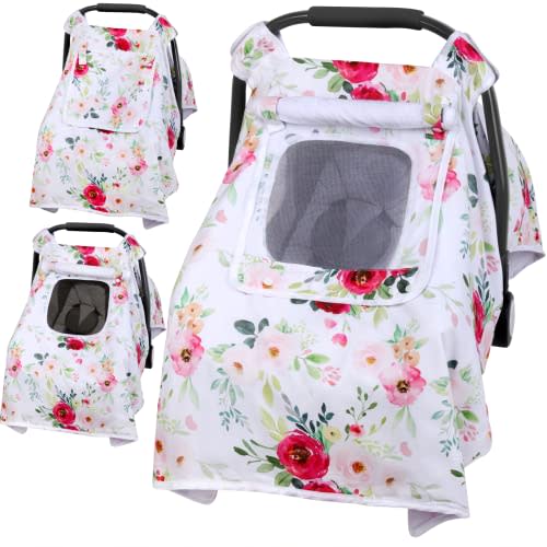 Baby Car Seat Cover, Infant Carseat Canopy with 3 Layers Windows, Breathable Mesh Peep Window, Kick-Proof Carrier Cover for Boys Girls, Windproof Stroller Cover Shower Gift for Newborn (Flower)