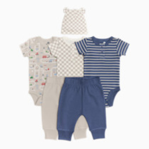 Small Story Organic Cotton Bodysuit, Pant & Hat Set (6 Piece) - Construction, Stripe, Check, 3-6 M