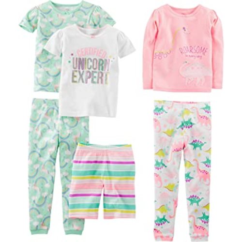 Simple Joys by Carter's Conjunto de pijama de algodón ajustado de 6 piezas para bebés, niños pequeños y niñas, paquete de 3