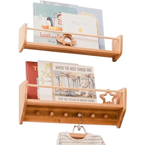 Enjoy The Wood Nursery Wall Bookshelf Wooden Book Shelves for Kids Wall Mounted Shelf with Hooks Nursery Decor Kids Montessori Furniture Toodler Gift (Large)
