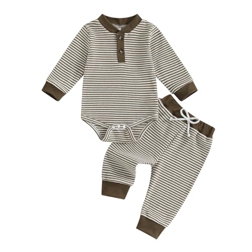 allshope Newborn Baby Boy Fall Outfit Romper Long Sleeve Solid Jumpsuit Bodysuit Elastic Waist Pants Infant Waffle Clothes