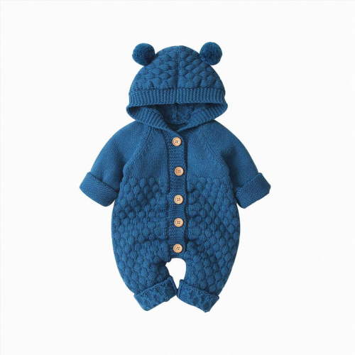 Gvdentm Baby Boy Knitted Sweater Romper Cotton Longsleeve Outfit with Kids Winter Warm Hats Set(Dark Blue,3-6 Months)