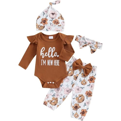 Hello World Newborn Outfit Baby Girl Going Home Outfit Ruffle Ribbed Romper Top Floral Pants Set Cute Summer Clothes