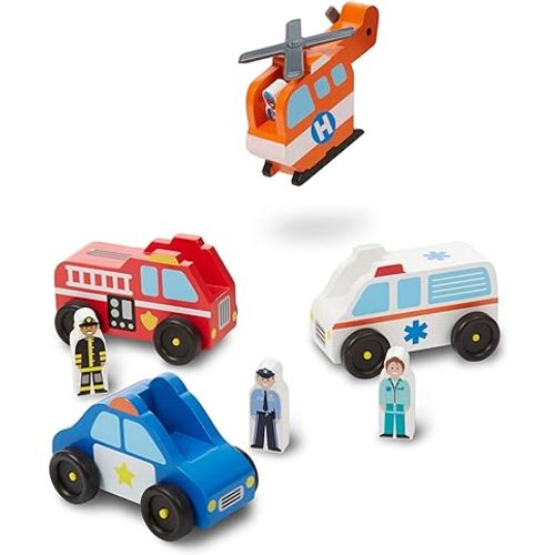 Melissa & Doug Emergency Vehicle Wooden Play Set with 4 Vehicles, 4 Play Figures