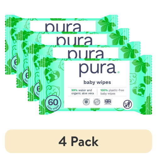(4 pack) Pura Baby Wipes, Fragrance Free, Sensitive, EWG Verified, Plant-Based, 60 Count, Choose Your Count