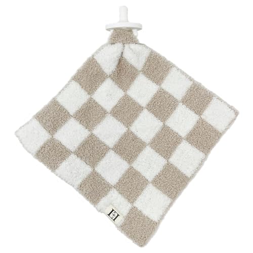 Checkered Baby Lovey Pacifier Holder 10"x10" - Cuddly Soft Knitted Reversible Mini Comfort Security Blanket - Snuggle Newborn Gift Essential for Babies Boys and Girls (Tan/White)