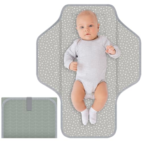 CUXFLS Baby Portable Diaper Changing Pad, Foldable Travel Diapering Changing Mat with Built-in Pillow, Waterproof Compact Changing Pad for Newborn Baby Changing Station, Infant Gift(Gray Stripe)