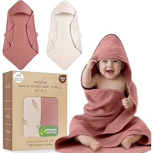 Organic Cotton Muslin Baby Hooded Towels - 32x32 Inch, 2 Pack Newborn Bath Towels for Boys & Girls, Soft & Absorbent Bath Set (Pink/Floral)