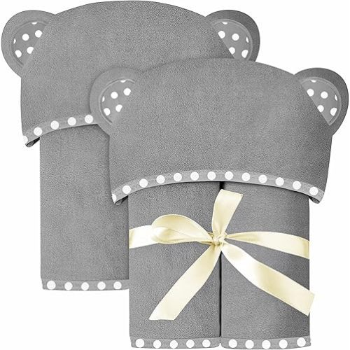 Set of 2 Hooded Baby Towels – Grey – Luxurious, Large and Super Absorbent – 30 x 30 Inch – Soft and Suitable for Infants, Toddlers and Kids – 400 GSM