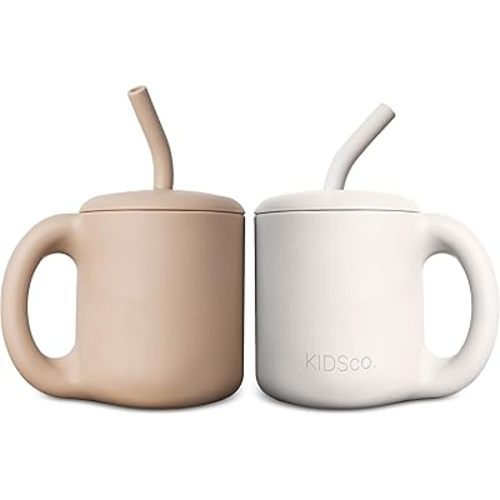 Silicone Sippy Cups with an Easy Grip Transition Handle, Secure Lid and Straw. A Non Toxic No Spill Unbreakable Training Cup. 150ml/5oz |2-PACK Oat and Tan|