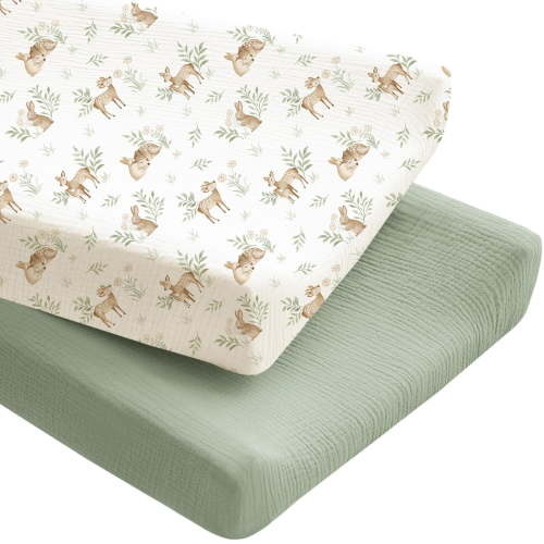 2 Pack Muslin Changing Pad Covers for Boys, Ultra Soft & Breathable Cotton Baby Diaper Changing Table Covers, Neutral Nursery Diaper Changing Pad Sheets (Fog Green,Cream)