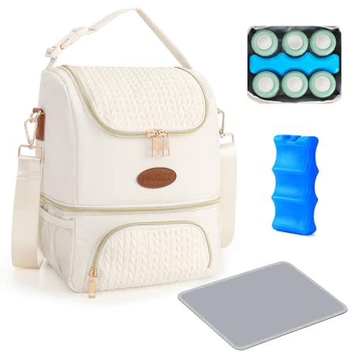 PIIOSER Breastmilk Cooler Bag with Ice Pack, Double Deck Insulated Baby Bottle Travel Bags with Shoulder Strap, Wearable Breast Pump Carry Bag for Nursing Moms Daycare, Work, Picnic(Cream)