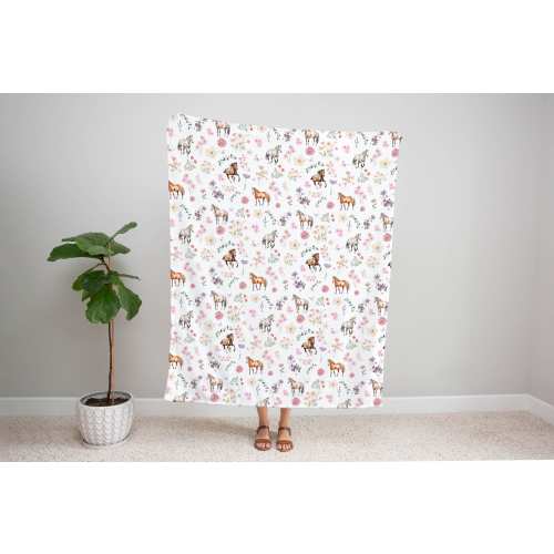 Horse Wildflower Blanket Horse Crib Sheet Horse and Flowers Swaddle Blanket With Name Horse Wildflower Baby Shower Gift Floral Horse Nursery