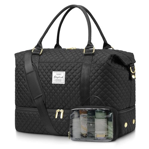 Women Weekender Travel Duffle Bags: Duffel Overnight Bag with Shoe Compartment Large Carry on Tote Bag Toiletry Bag Weekend Yoga Gym Bags with Wet Pocket Hospital Bags for Labor and Delivery Black