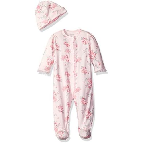 Little Me Clothes for Baby Girls 100% Cotton Scratch-Free Tag Footed One-Piece Romper and Hat Sleeper Set Preemie to 9 Months