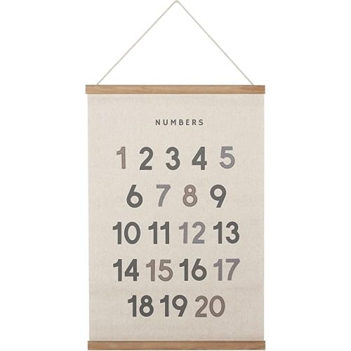 Bon et Beau 16 x 24 Inch Embroidered Number Poster Framed with Wood Hanger - Neutral Gray Wall Décor for Boys Nursery, Bedroom, Playroom, Toddler and Kids Room
