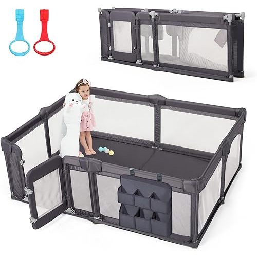 Baby Playpen,79"x59" Foldable Baby Playpen for Babies and Toddlers with Gate,Large Baby Play Pens with Zipper Door,Baby Play Yards Play Area (Deep Grey)
