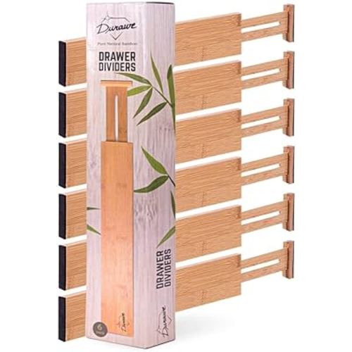 Bamboo Drawer Dividers Organizers 6-pack (12"-17") Adjustable Spring Loaded Drawer Divider Expandable Drawer Organizer Utensil Separators for Kitchen, Bedroom, Dresser, Office, Baby Drawers, Closet
