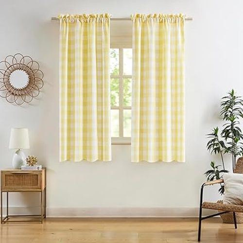 Yellow White Buffalo Plaid Curtains,Semi Sheer Gingham Checkered Drapes 54 Inches Length,Rustic Window Treatment for Bedroom Living Room,Rod Pocket,Yellow/White,40" Wx54 L(Pack of 2)