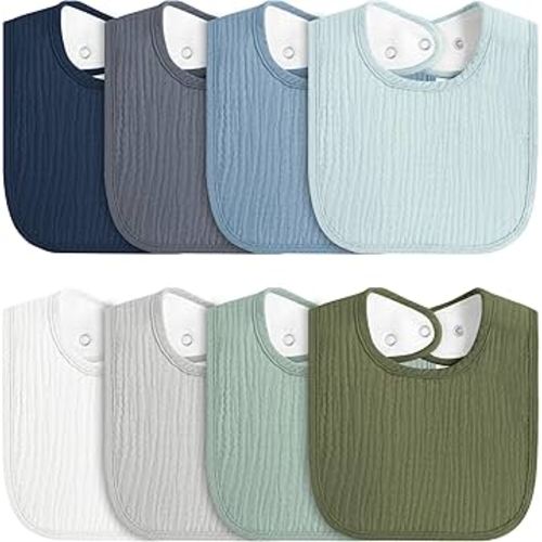 8-Pack Baby Muslin Bibs, Soft Cotton Drool Bibs for Boys Girls, Adjustable and Absorbent Newborn Bib Set for Feeding and Drooling