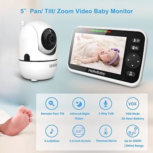 HelloBaby Upgrade Monitor, 5''Sreen with 30-Hour Battery, Pan-Tilt-Zoom Video Baby Monitor with Camera and Audio, Night Vision, VOX, 2-Way Talk, 8 Lullabies and 1000ft Range No WiFi - HB6550pro