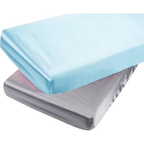 Satin Pack n Play Sheet Set 2 Pack Ultra Soft Silk Fitted Mini Crib Sheets Playard Sheet Protect for Baby Hair and Skin, Grey & Lt Blue