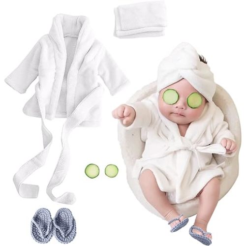 SPOKKI Newborn Photography Props Baby Girl 5 PCS Bathrobes Bath Towel Outfit with Slippers Cucumber Photo Props for Infant Boys Girls(0-6 Months)