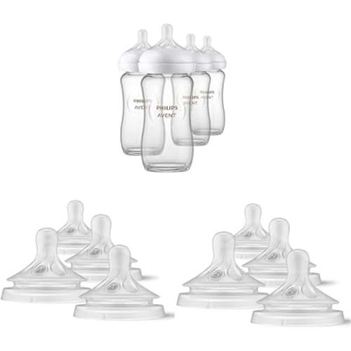 Philips AVENT Glass Natural Baby Bottles with Natural Response Nipples, Clear, 8oz, 4pk - Includes Flow 3M+ and 6M+ Nipples