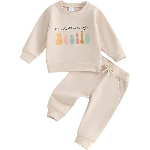 FYBITBO Infant Toddler Baby Girl Clothes Mamas Bestie Long Sleeve Sweatshirt Top Shirt+Pants Valentines Day Outfits Set - 3-6 Months - Beige-mamas Bestie Outfit