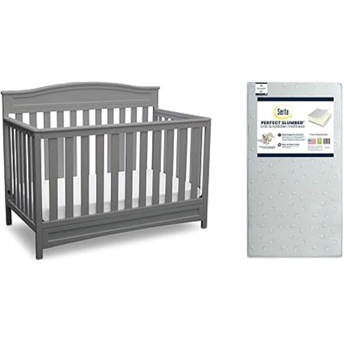 Delta Children Emery 4-in-1 Convertible Crib, Grey + Serta Perfect Slumber Dual Sided Recycled Fiber Core Crib and Toddler Mattress (Bundle)