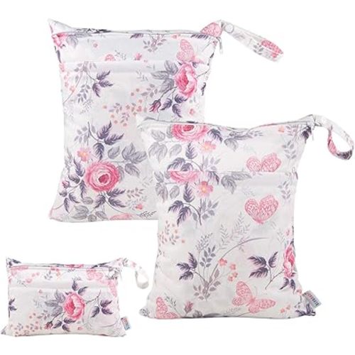 ALVABABY 3pcs Baby Cloth Diaper Wet Dry Bags Waterproof Reusable with Two Pockets|Travel Beach Pool Daycare Soiled Baby Items Yoga Gym Bag for Swimsuits or Wet Clothes 3L-H066