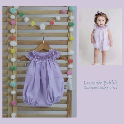 Lignt Lavender lilac Cotton baby girls smocked bubble romper, hand made