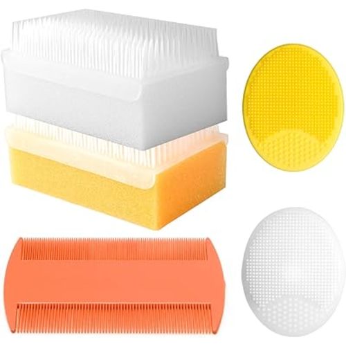 Cradle Cap Brush for Babies, Baby Bath Essentials with Silicone Scrubber Bath Sponge Dual-Sided Comb for Newborns Toddlers Boys Girls (Orange, Set of 5)