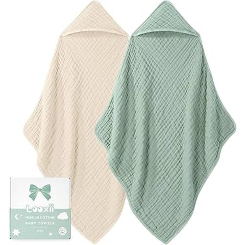 Looxii Baby Bath Towels 2 Pack Muslin Hooded Baby Towels for Newborn and Infants, 100% Cotton, Large 32x32Inch, Soft and Absorbent