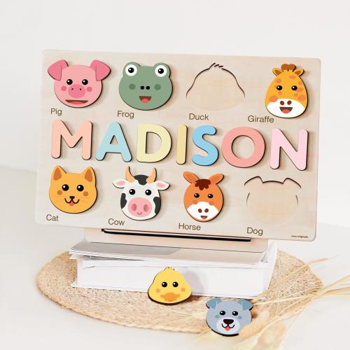 Custom Handmade Name Puzzle with Animals, Personalized Birthday Gift for Kids, Christmas Gifts for Toddlers, Unique New Baby Gift, Wood Toy