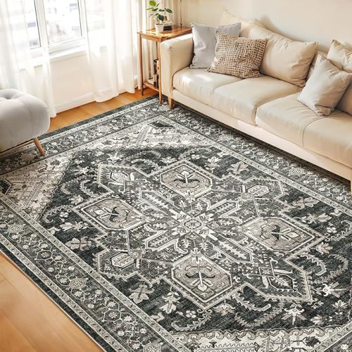 WITSHOCK Living Room Area Rugs 9x12: Washable Rug Boho Soft Non-Slip Low Pile Stain Resistant Foldable Carpet for Bedroom Playroom Dining Room Office Kitchen Farmhouse Home Decor Rug-Bitter Black