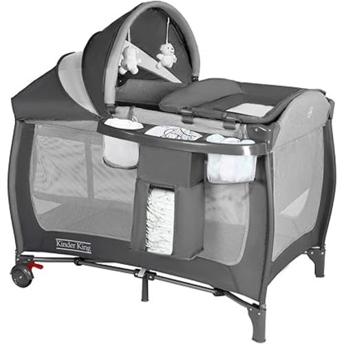 Kinder King 4 in 1 Portable Pack and Play, Baby Playard w/Bassinet, Large Playpen for Infant and Toddler, Newborn Changing Table, Adjustable Canopy, Storage Basket, Travel Bag, Grey