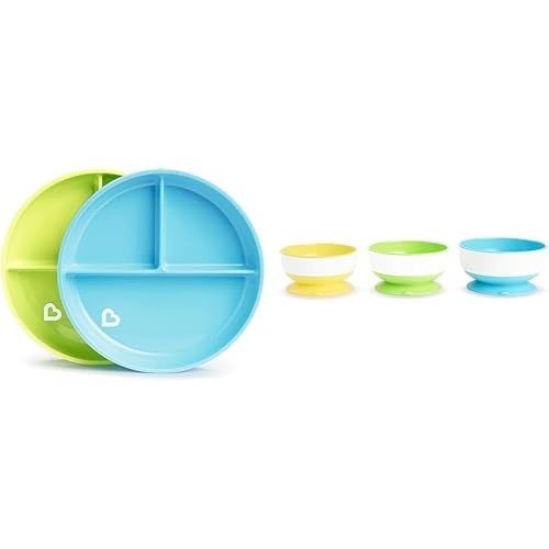 Munchkin® Stay PutTM Divided Toddler Plates and Suction Bowls for Babies Bundle, Blue/Green