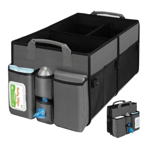 Collapsible Trunk Organizer & Diaper Changing Station, Baby Diaper Caddy Organizer with Movable Dividers, Easy-to-Reach for Back Seat Travel Car Organizer, Waterproof Car Trunk Organizer Groceries